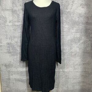 Hello Miz Ribbed Knit Dress Womens Small Black Long‎ Sleeve Bodycon Midi New